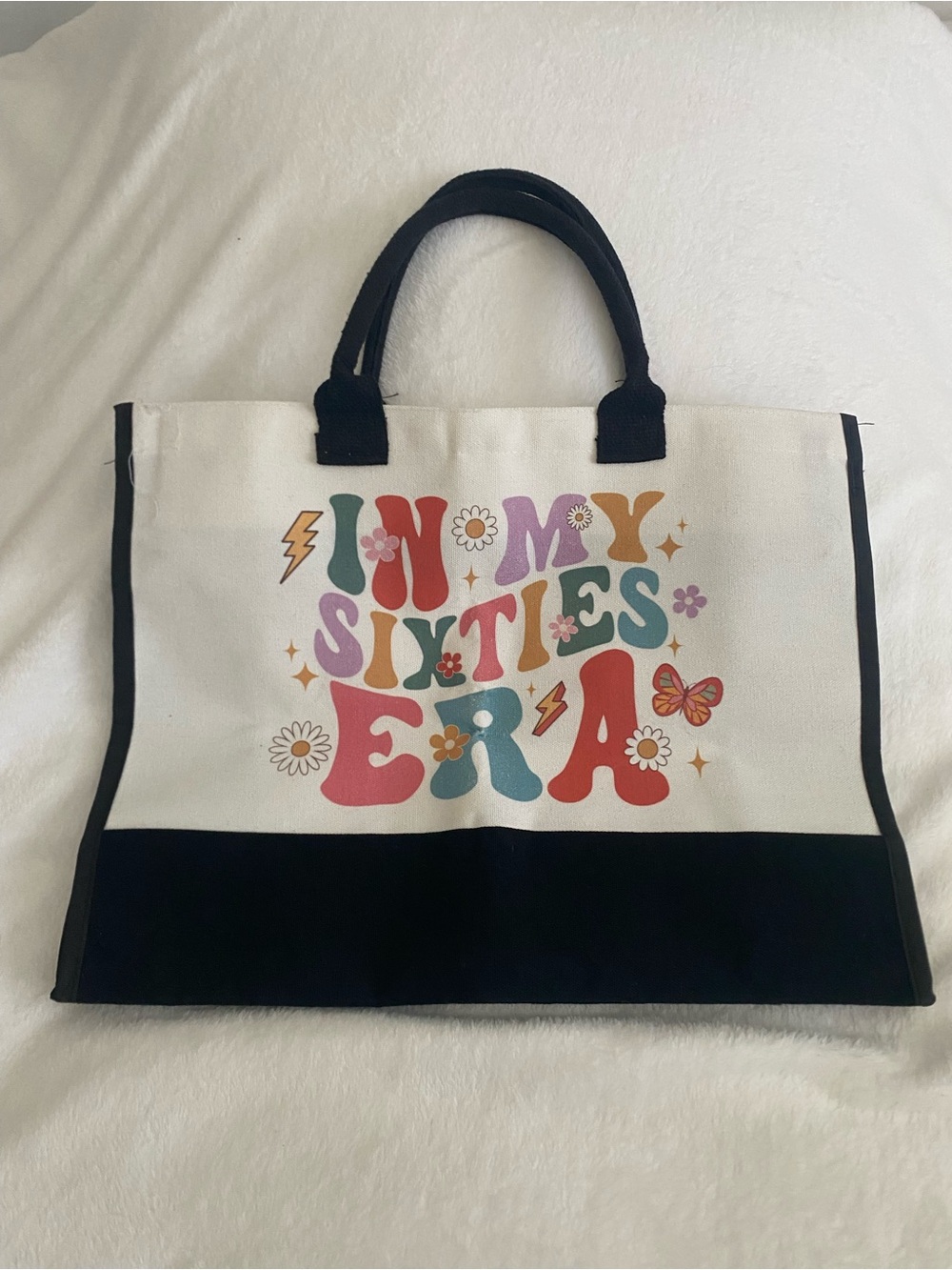 White Canvas Tote with Multicolor Retro Fun and Black Trim